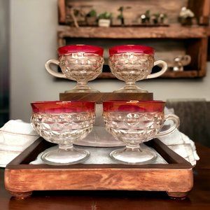 Indiana Glass Co Set/4 Vintage Ruby King Crown Thumbprint Footed Punch/Tea Cups